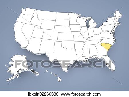 Stock Photograph - "South Carolina, SC, highlighted on a contour map of USA, United States of America, 3D illustration". Fotosearch