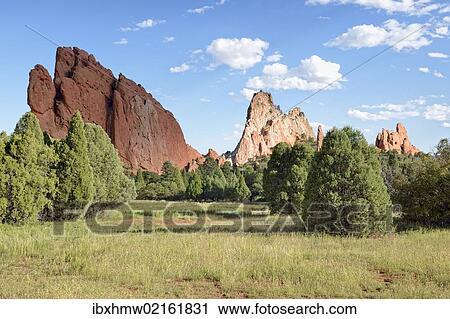 "South Gate Rock, left, and Cathedral Rock, Garden of the Gods, red sandstone rocks, Colorado Springs, Colorado, USA" View Large Photo Image Stock Image - "South Gate Rock, left, and Cathedral Rock, Garden of the Gods, red sandstone rocks, Colorado Springs, Colorado, USA". Fotosearch