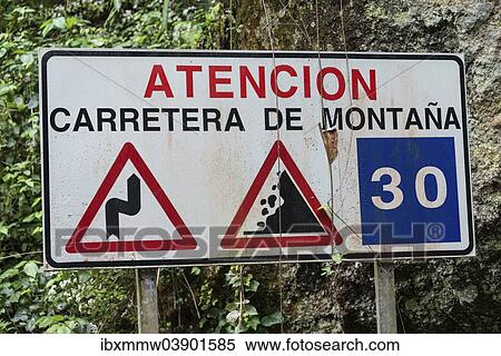 "Spanish warning sign of dangers in the mountains, Barranco del Agua canyon, Laurel Forest of Los Tilos, La Palma, Canary Islands, Spain, Europe" View Large Photo Image Stock Photography - "Spanish warning sign of dangers in the mountains, Barranco del Agua canyon, Laurel Forest of Los Tilos, La Palma, Canary Islands, Spain, Europe". Fotosearch