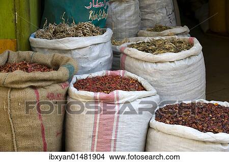 Picture - "Spices and dried fruit at the bazaar, Khan el Khalili, Cairo, Egypt, Africa". Fotosearch