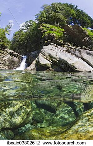 Stock Image - "Split screen view, Verzasca River, Lavertezzo, Valle Verzasca, Canton Ticino, Switzerland, Europe". Fotosearch