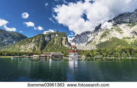 Stock Image - "St. Bartholomae in Konigssee in front of the Watzmann, Berchtesgaden National Park, Berchtesgadener Land district, Upper Bavaria, Bavaria, Germany, Europe". Fotosearch