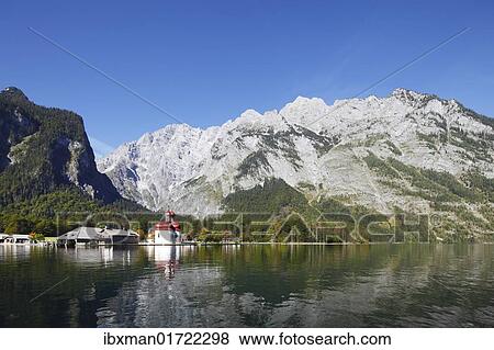 Stock Photo - "St. Bartholomae pilgrimage church, Lake Koenigssee, Mt. Watzmann, Nationalpark Berchtesgaden national park, Berchtesgadener Land, Upper Bavaria, Bavaria, Germany, Europe". Fotosearch