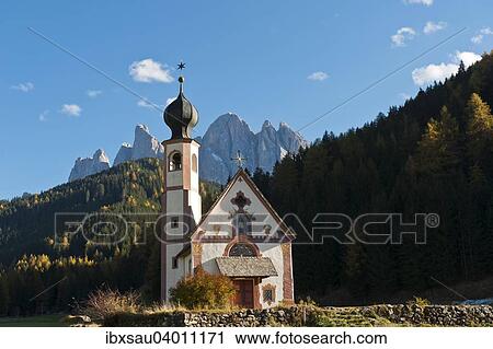 "St. John's Chapel on the Ranuihof, Baroque, Geisler, Odle group, Puez Nature Park, Dolomites, Funes, Villnoss valley, South Tyrol, Trentino-Alto Adige, Italy, Europe" View Large Photo Image Stock Image - "St. John's Chapel on the Ranuihof, Baroque, Geisler, Odle group, Puez Nature Park, Dolomites, Funes, Villnoss valley, South Tyrol, Trentino-Alto Adige, Italy, Europe". Fotosearch