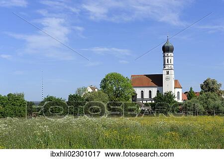 Stock Photo - "St Laurentius church, village of Paehl, alpine foothills, Five Lakes region, Pfaffenwinkel region, Upper Bavaria, Germany, Europe, PublicGround, Europe". Fotosearch