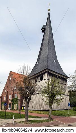Picture - "St. Matthias church with wooden tower in 1685, Jork, Altes Land, Lower Saxony, Germany, Europe". Fotosearch