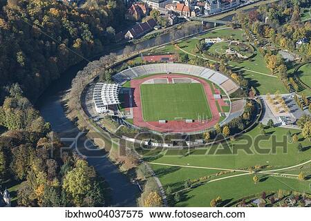 Stock Photography - "Stadion der Freundschaft stadium, in Hofwiesenpark on the Weisse Elster river, Gera, Thuringia, Germany, Europe". Fotosearch