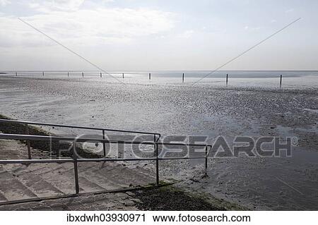 Stock Image - "Stairs to the wadden sea, Lower Saxon Wadden Sea National Park, UNESCO World Heritage Site, Norddeich, Norden, East Frisia, Lower Saxony, Germany, Europe". Fotosearch
