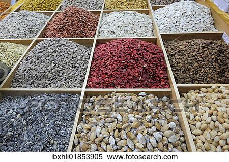 Stock Photography - "Stall with various nuts, Souq al Waqif, the oldest souq or bazaar in the country, Doha, Qatar, Arabian Peninsula, Persian Gulf, Middle East, Asia". Fotosearch