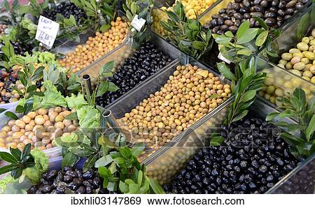 Stock Photo - "Stand with olives, market in Kadikoy, Istanbul, Asian side, Istanbul Province, Turkey, Asia". Fotosearch