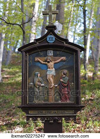 "Station on a way of the cross on Riederstein mountain, station XII, Jesus dies on the cross, Mangfall Mountains, Tegernsee valley, Upper Bavaria, Bavaria, Germany, Europe" View Large Photo Image Stock Photo - "Station on a way of the cross on Riederstein mountain, station XII, Jesus dies on the cross, Mangfall Mountains, Tegernsee valley, Upper Bavaria, Bavaria, Germany, Europe". Fotosearch