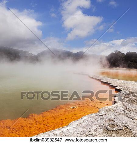 "Steaming water at the Champagne Pool, Waiotapu Thermal Reserve, Waikato, North Island, New Zealand, Oceania" View Large Photo Image Stock Photo - "Steaming water at the Champagne Pool, Waiotapu Thermal Reserve, Waikato, North Island, New Zealand, Oceania". Fotosearch