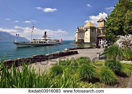"Steamship on Lake Geneva, Chateau de Chillon or Chillon Castle at the back, near Montreux, Veytaux, Canton of Vaud, Switzerland, Europe" View Large Photo Image Stock Image - "Steamship on Lake Geneva, Chateau de Chillon or Chillon Castle at the back, near Montreux, Veytaux, Canton of Vaud, Switzerland, Europe". Fotosearch