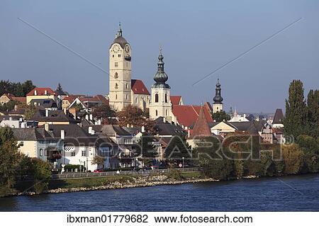 Stock Image - "Stein on the Danube river, Wachau valley, Waldviertel region, Lower Austria, Austria, Europe". Fotosearch