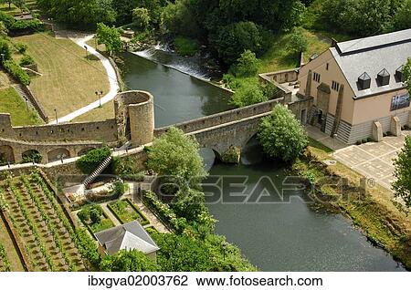 Stock Image - "Stierchen-Bruecke bridge across Alzette River, Luxembourg, Europe". Fotosearch