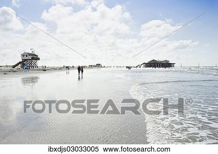 Stock Photography - "Stilt houses and beach, St Peter-Ording, Schleswig-Holstein, Germany, Europe". Fotosearch