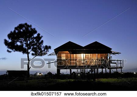 Stock Photo - "Stilted house in Bilwi in the last evening light, Nicaragua, Central America, North America". Fotosearch