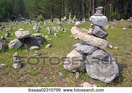 Stock Photo - "Stones for fulfillment of wishes, stone garden, Arshan, Tunkinsky District, Republic of Buryatia, Siberia, Russian Federation, Eurasia". Fotosearch