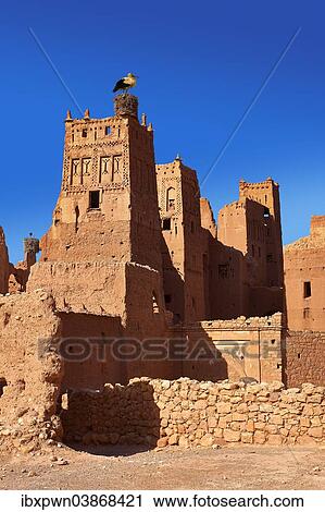 Stock Image - "Stork nesting on the Glaoui Kasbah's, Ounilla valley, Tamedaght, Morocco, Africa". Fotosearch