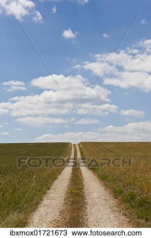 Stock Image - Straight dirt road through fields. Fotosearch