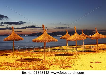 "Straw umbrellas on the beach, S'Arenal, El Arenal, evening mood, Majorca, Balearic Islands, Spain, Europe" View Large Photo Image Stock Image - "Straw umbrellas on the beach, S'Arenal, El Arenal, evening mood, Majorca, Balearic Islands, Spain, Europe". Fotosearch