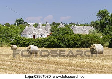 "Stubble field, straw bales, Trulli houses, traditional round houses, at the back, near Locorotondo, Valle d'Itria, Apulia, Italy, Europe" View Large Photo Image Stock Image - "Stubble field, straw bales, Trulli houses, traditional round houses, at the back, near Locorotondo, Valle d'Itria, Apulia, Italy, Europe". Fotosearch