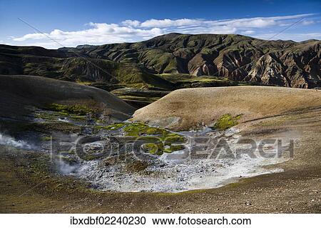 Stock Image - "Sulphur and limestone fields, rhyolite mountains, Landmannalaugar, Fjallabak Nature Reserve, Highlands, Iceland, Europe". Fotosearch
