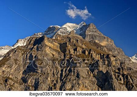 Stock Photo - "Summit of Jungfrau Mountain, rear, and Silberhorn Mountain, seen from Muerren, Murren, Bernese Oberland, Canton of Bern, Switzerland, Europe". Fotosearch