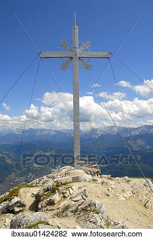 Stock Image - "Summit with summit cross, Mt. Kramer or Mt. Kramerspitz, 1985m, near Garmisch-Partenkirchen, Werdenfelser Land area, Upper Bavaria, Bavaria, Germany, Europe". Fotosearch