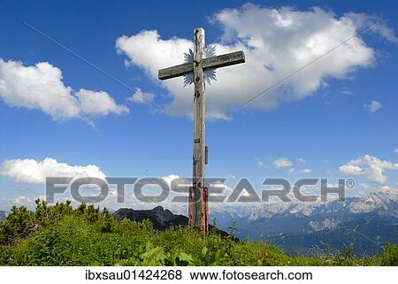 Stock Photo - "Summit with summit cross, Mt. Hirschbichel, 1935m, Hirschbuehel, near Garmisch-Partenkirchen, Werdenfelser Land area, Upper Bavaria, Bavaria, Germany, Europe". Fotosearch