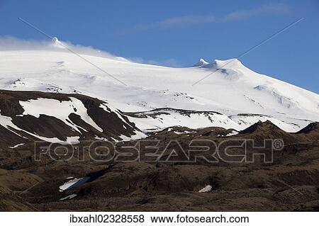 Stock Photo - "Summits of the Snaefell and Snaefellsjoekull volcanos, Snaefellsness National Park, Iceland, Europe". Fotosearch