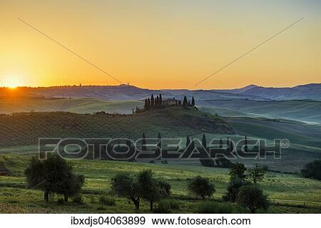 "Sunrise, landscape with farmhouse and cypress trees, near San Quirico d'Orcia, Val d'Orcia, Province of Siena, Tuscany, Italy, Europe" View Large Photo Image Stock Photo - "Sunrise, landscape with farmhouse and cypress trees, near San Quirico d'Orcia, Val d'Orcia, Province of Siena, Tuscany, Italy, Europe". Fotosearch