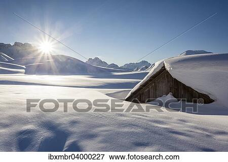 "Sunrise on Sennes Alm at the Sennes refuge in the Fanes-Sennes-Prags Nature Park in the Dolomites, at the back Mt Hohe Gaisl and Monte Cristallo, St. Vigil, Puster Valley, South Tyrol, Trentino-Alto Adige, Italy, Europe" View Large Photo Image Stock Photo - "Sunrise on Sennes Alm at the Sennes refuge in the Fanes-Sennes-Prags Nature Park in the Dolomites, at the back Mt Hohe Gaisl and Monte Cristallo, St. Vigil, Puster Valley, South Tyrol, Trentino-Alto Adige, Italy, Europe". Fotosearch