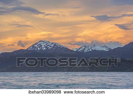 "Sunset on Lake General Carrera, General Carrera Lake, Puerto Tranquilo, Aysen Province, Chile, South America" View Large Photo Image Stock Photo - "Sunset on Lake General Carrera, General Carrera Lake, Puerto Tranquilo, Aysen Province, Chile, South America". Fotosearch