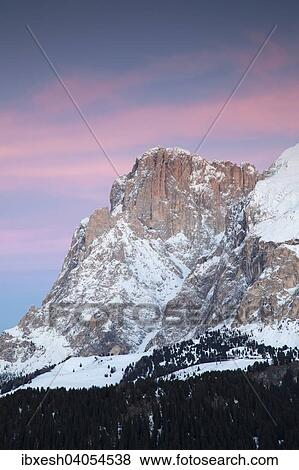 Stock Photo - "Sunset on Plattkofel in winter, Saltria, Province of South Tyrol, Italy, Europe". Fotosearch