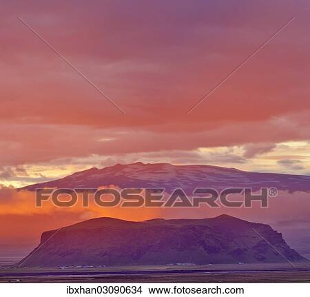 "Sunset on the south coast, with Eyjafjallajoekull at the rear, Dyrholaey, Vik i Myrdal, Southern Region, Iceland, Europe" View Large Photo Image Picture - "Sunset on the south coast, with Eyjafjallajoekull at the rear, Dyrholaey, Vik i Myrdal, Southern Region, Iceland, Europe". Fotosearch