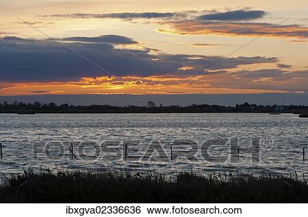 Stock Photograph - "Sunset over the Etang de Vaccares, Camargue, southern France, France, Europe". Fotosearch