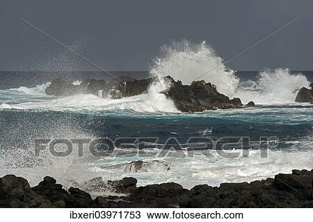 "Surf on the coast during an approaching storm over the Pacific, Easter Island, Chile, South America" View Large Photo Image Stock Image - "Surf on the coast during an approaching storm over the Pacific, Easter Island, Chile, South America". Fotosearch