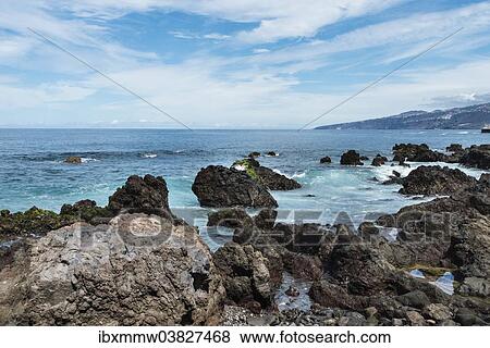 Stock Photo - "Surf with rocks, Puerto de la Cruz, Tenerife, Canary Islands, Spain, Europe". Fotosearch