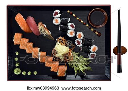 "Sushi dish with Maki, Uramaki, Nigiri with salmon, tuna, eel, fresh ginger, wasabi, on a Japanese wooden plate" View Large Photo Image Stock Image - "Sushi dish with Maki, Uramaki, Nigiri with salmon, tuna, eel, fresh ginger, wasabi, on a Japanese wooden plate". Fotosearch