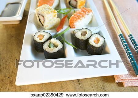 Sushi on a plate View Large Photo Image Stock Photo - Sushi on a plate. Fotosearch