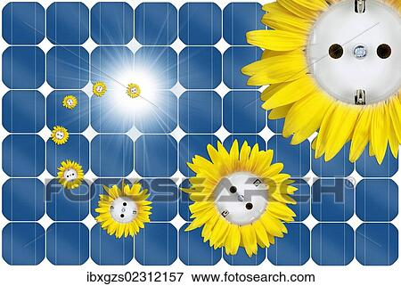 "Symbolic image for solar energy, sun flower sockets flying out of a solar panel" View Large Photo Image Stock Photo - "Symbolic image for solar energy, sun flower sockets flying out of a solar panel". Fotosearch