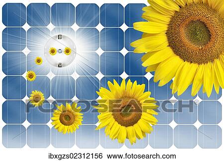 Stock Photograph - "Symbolic image for solar energy, sun flower sockets flying out of a solar panel". Fotosearch