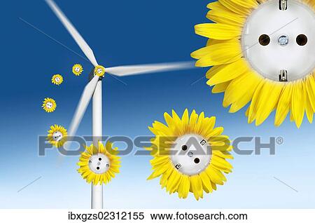 "Symbolic image for wind power, sun flower sockets flying out of a wind turbine" View Large Photo Image Stock Photography - "Symbolic image for wind power, sun flower sockets flying out of a wind turbine". Fotosearch