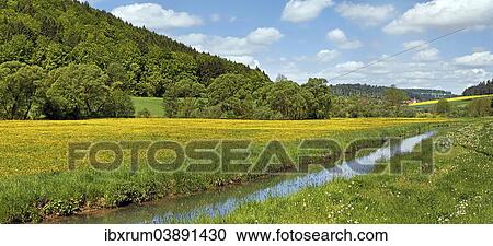 Stock Image - "The Anlauter river in Anlautertal valley with flower meadows, """"Ritter- und Romerweg"""", trail of the """"Knights and the Romans"""" near Altdorf, Titting, Altmuhltal Nature Park, Bavaria, Germany, Europe". Fotosearch