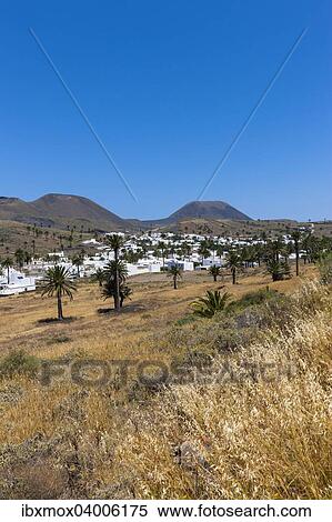 "The mountain village of Haria, with its white houses, the volcano Monte Corona at the back, Maguez, Lanzarote, Canary Islands, Spain, Europe" View Large Photo Image Stock Photography - "The mountain village of Haria, with its white houses, the volcano Monte Corona at the back, Maguez, Lanzarote, Canary Islands, Spain, Europe". Fotosearch