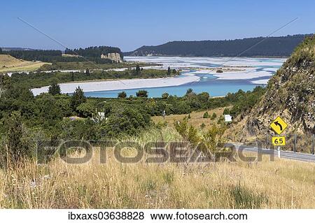 Stock Photo - "The Rakaia River with its extensive river bed, Canterbury Region, New Zealand, Oceania". Fotosearch