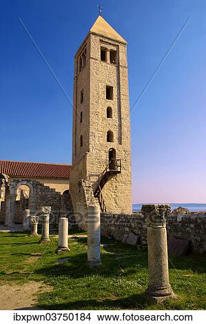 "The Romanesque Bell Tower and medieval pillars of the church of St John The Evangelist, Rab Island, Primorje-Gorski Kotar County, Croatia, Europe" View Large Photo Image Picture - "The Romanesque Bell Tower and medieval pillars of the church of St John The Evangelist, Rab Island, Primorje-Gorski Kotar County, Croatia, Europe". Fotosearch