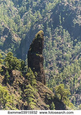 Stock Image - "The Roque Idafe rock, Caldera de Taburiente National Park, La Palma, Canary Islands, Spain, Europe". Fotosearch