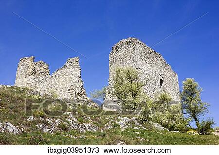 Stock Image - "The ruins of Sirotci Hradek castle, Palava Protected Landscape Area, Breclav district, Jihomoravsky region, Czech Republic, Europe". Fotosearch